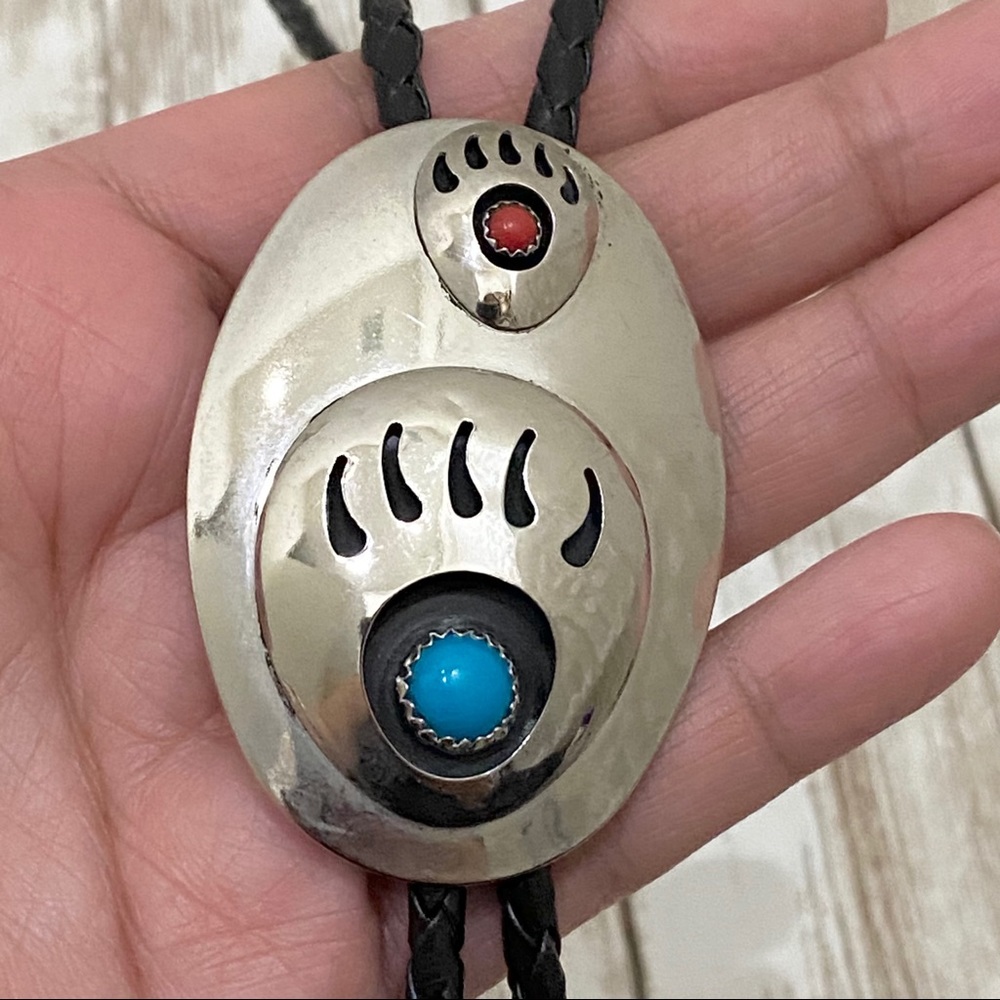 Turquoise Coral Bear Paw Bolo Tie Necklace